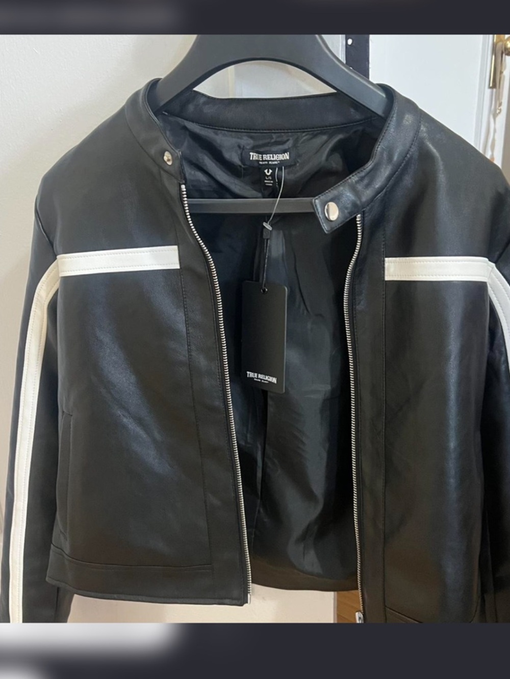True Religion Black Leather Jacket with White Racing Stripes